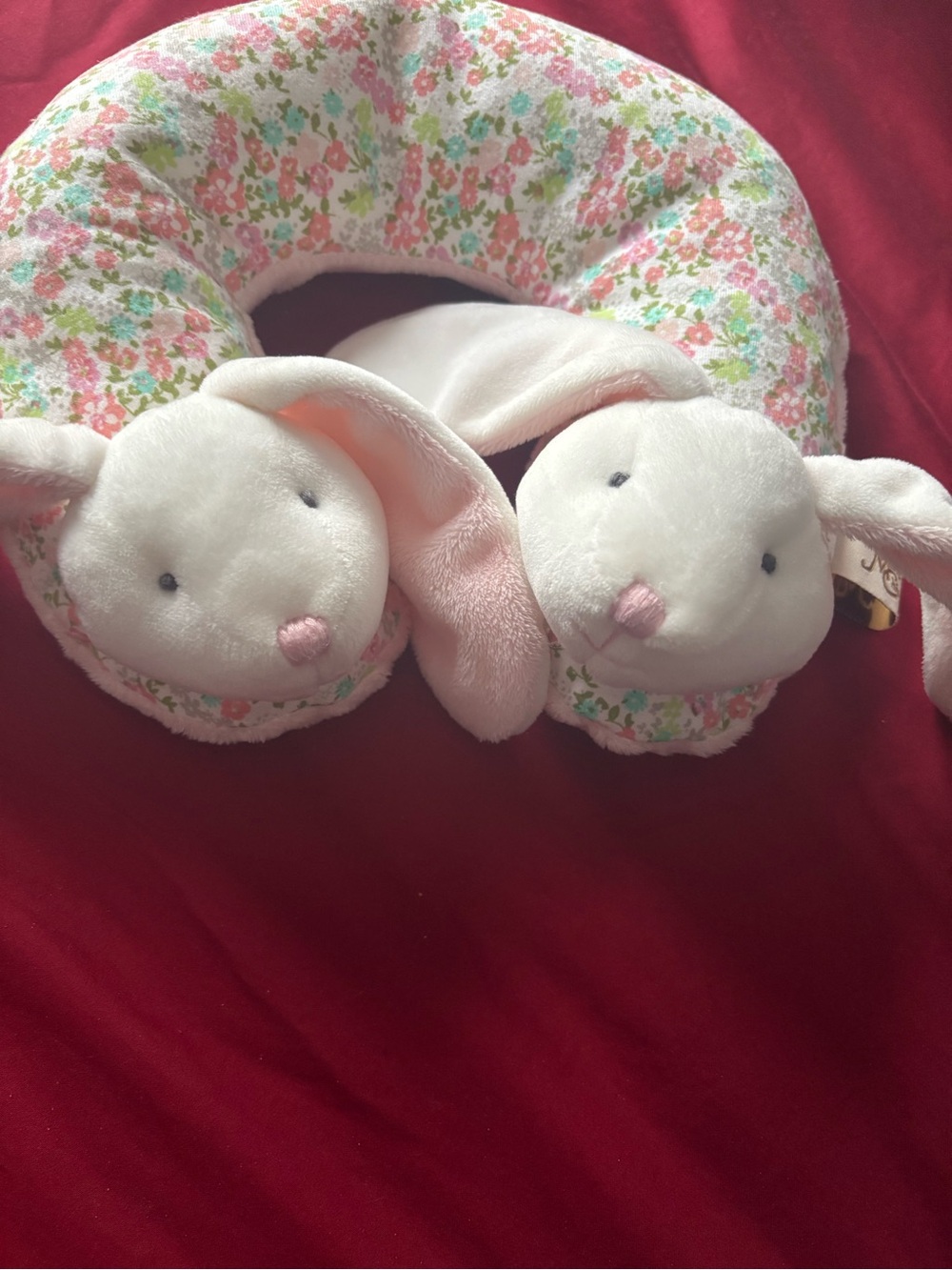 Toddler travel pillow. Maison Mhic pink & white floral bunny neck pillow